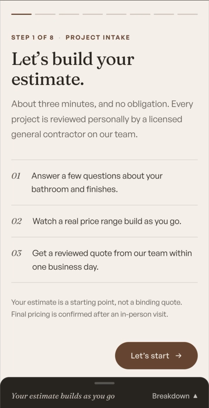 The online estimate tool on the first step, ready to build an estimate.